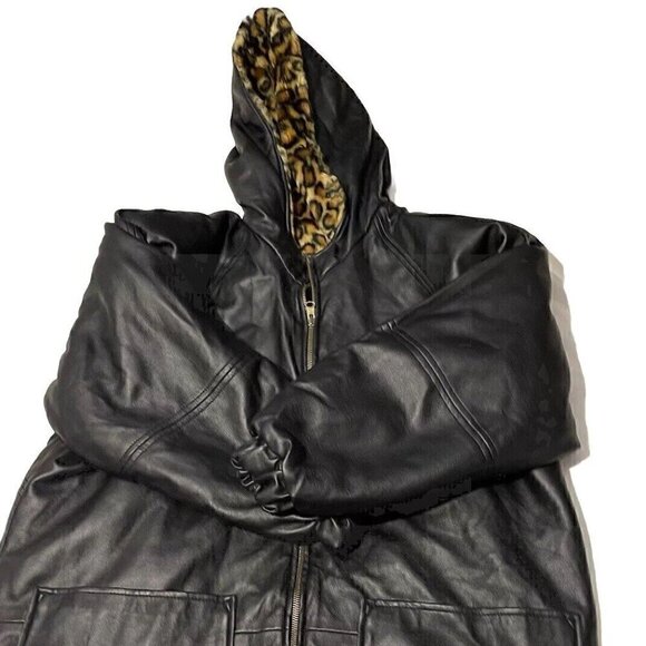 Vintage Marc Mattis Women’s Black Leather Jacket Double-Side Leopard Print Sz M - Picture 2 of 16